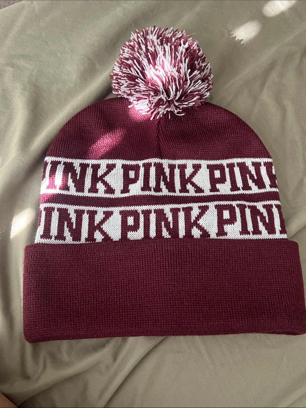 PINK Victoria's Secret Maroon and White Pom Knit Beanie